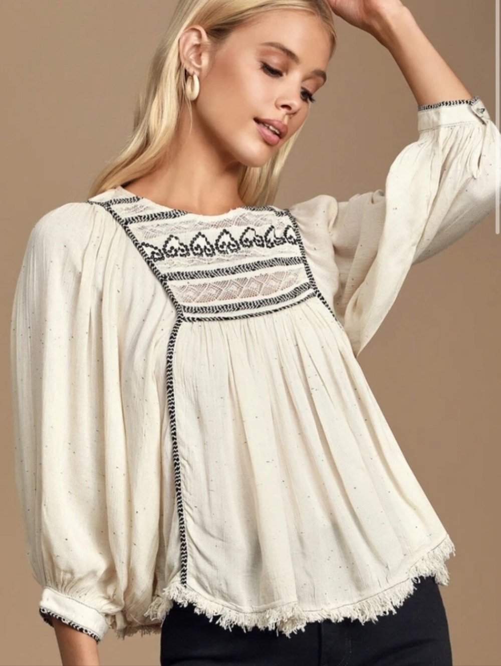 Free People Cyprus Avenue Embroidered Crochet Top Bell Sleeves Ivory Cream Large